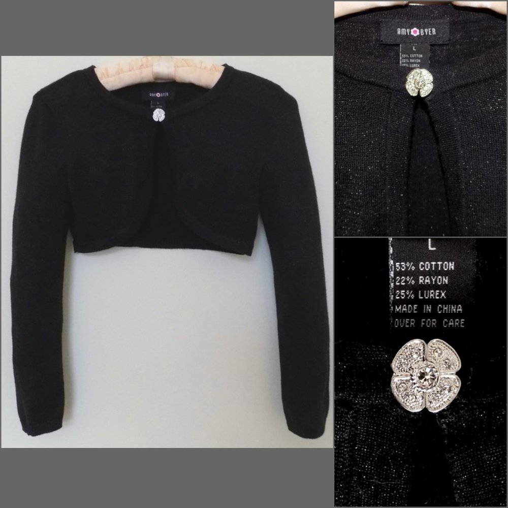 Girls Glittery black shrug L Jewel clasp Cropped Metallic Short sweater Amy Byer